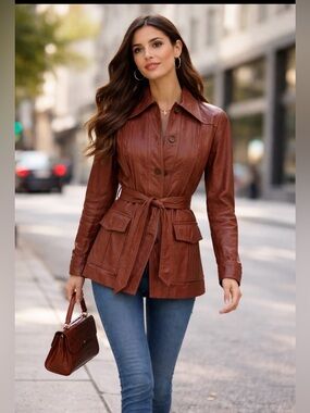 Womens Brown Leather Button-Front Jacket